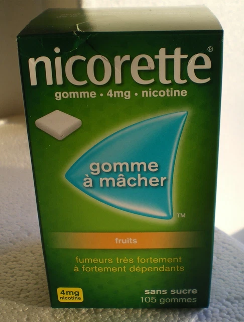 NICORETTE fruits 4 mg gomme a macher 105 gomme SANS SUCRE NEUF Exp 2024.