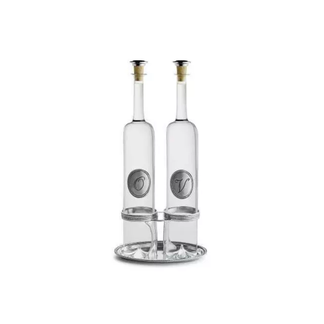 Arte Italica Tavola Tall Glass Oil and Vinegar Bottles with Pewter Caddy