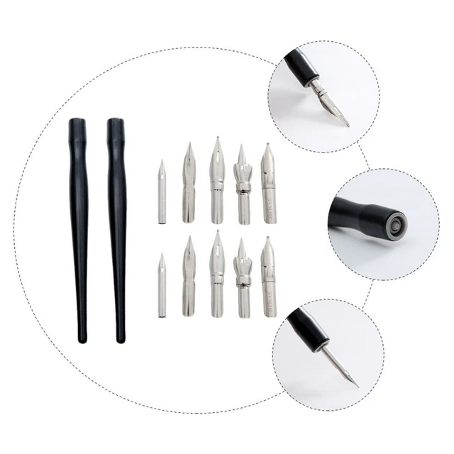 Set Stylos Calligraphie & Dessin Manga - 2 Porte-plumes Noirs + 5 Pointes Acier + 1 Gomme - Débutants Et Pro - 6