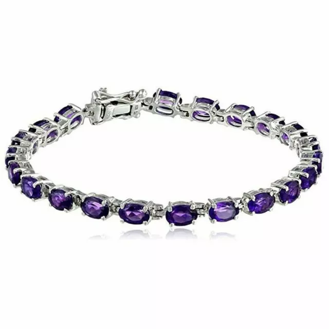 Bracciale tennis ovale in argento sterling 925 con pietre di ametista...