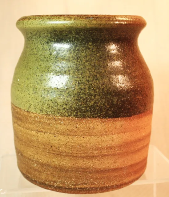 Hand Thrown Art Studio Pottery Vase Jar Pot Tan Green Speckled Glaze Pottery 5”