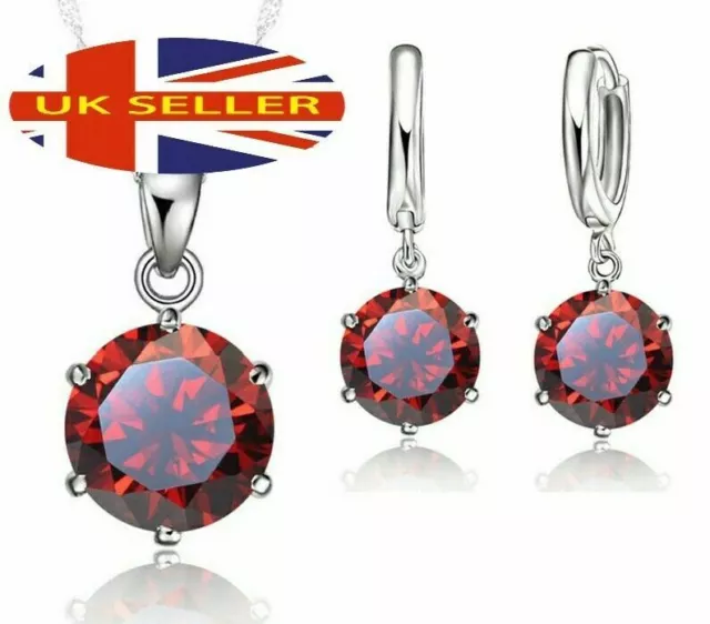 925 Sterling Silver Plated Austrian Ruby Crystal Necklace and Earring Set