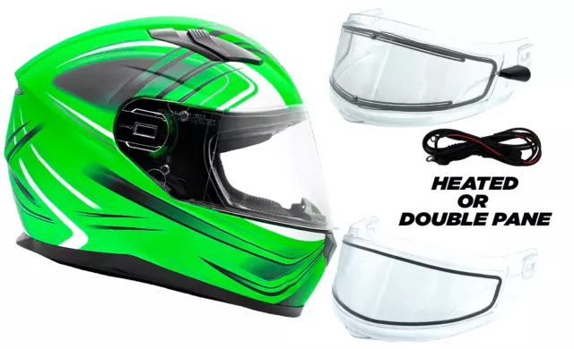 Adult Snowmobile Helmet Green Full Face Double Pane Shield or Heated DOT