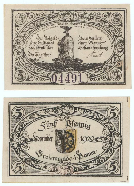 💙FREIENWALDE in Pommern / CHOCIWEL: "Denkmal 1813 • Wappen", 5 Pfg. NOTGELD