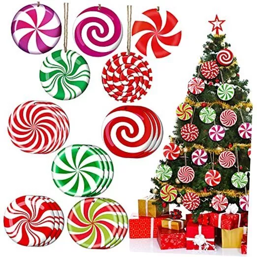 Christmas Tree Ornaments Set Peppermint Wood Ornaments Colorful 30 Strip Style