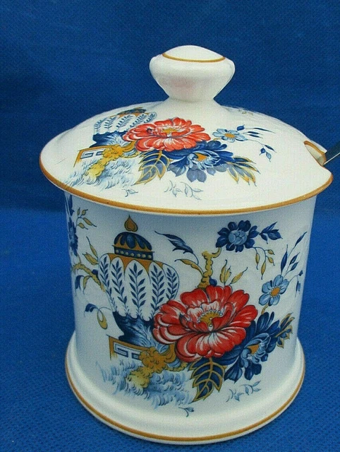 Crown Staffordshire Jam Jelly Pot & Lid PENANG Blue Orange Flowers Urn Spoon EUC