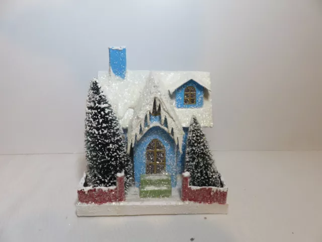 Large glitter putz style Christmas house with light battery operated # 2