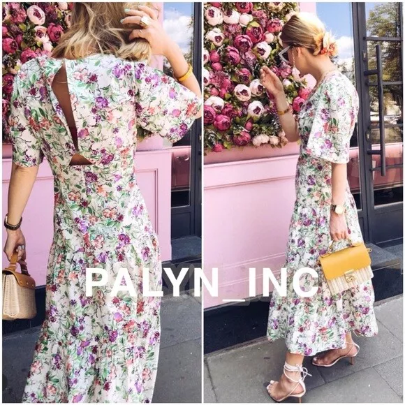ZARA WHITE GREEN Pink Floral Tiered Knot Front Open Back Midi Dress size L 12 14 29.99 PicClick UK