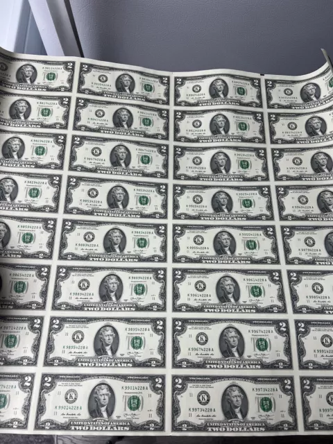 2003 A Series Uncut Sheet 32 $2 dollar bills Currency Federal Reserve