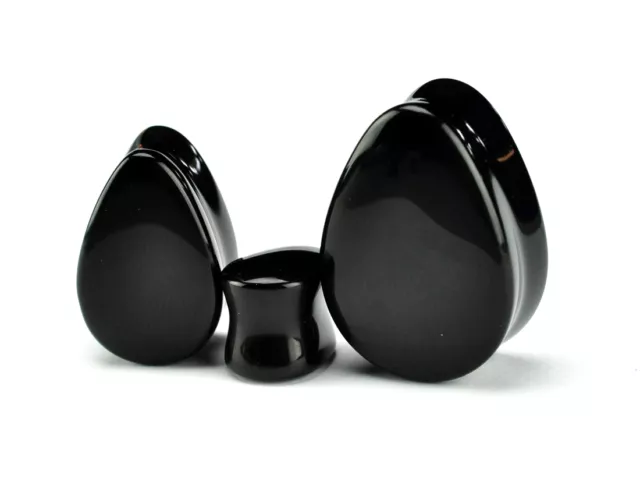 Pair of Black Onyx Stone Teardrop Plugs set ear gauges PICK SIZE