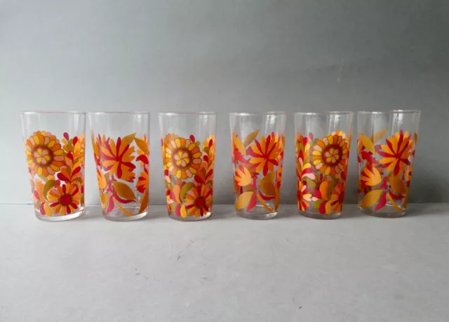 6 verres, décor de fleurs orange, vintage, années 70, seventies