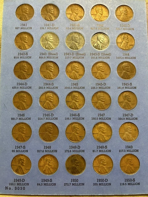 #14 Complete Whitman Folder 9030 Lincoln Cent Set 1941 to 1975 88 Coins EF-Unc