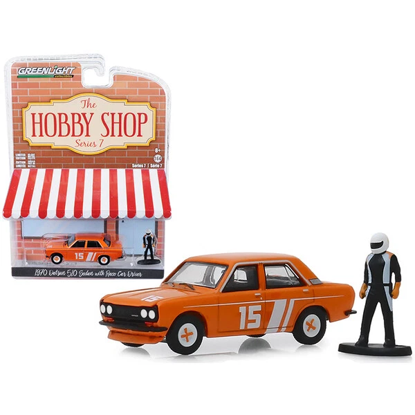 1970 Datsun 510 4-Door Sedan #15 Orange with Race Car Driver Figurine "The Ho...