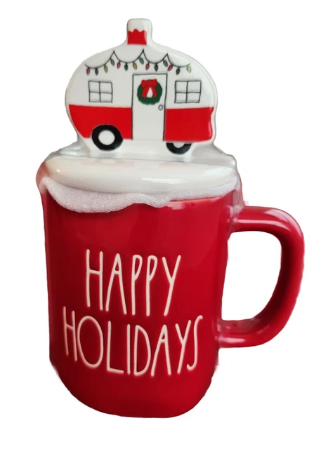 New Rae Dunn HAPPY HOLIDAYS RV Camper Mug Christmas Red with topper Brand New!
