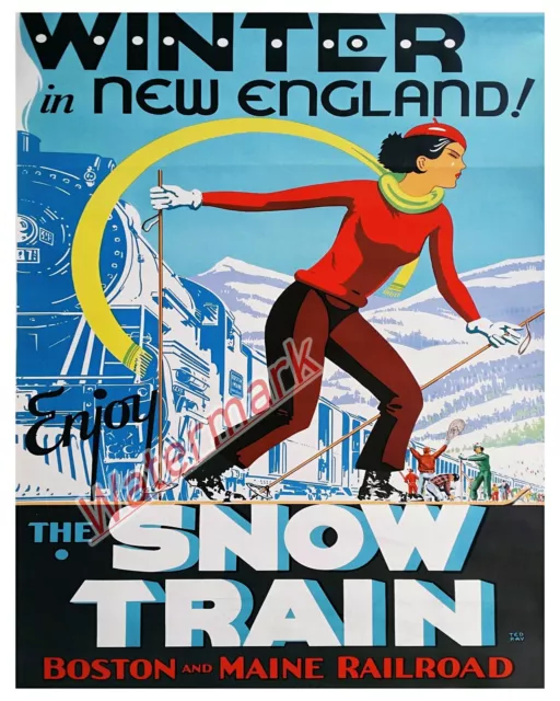VTG Boston Maine Railway Ski Print Travel Poster Color 16 X 20 REPRINT Photo