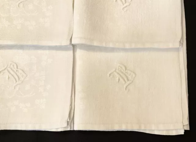 6  VTG White Irish Linen DOUBLE DAMASK Napkins PANSY  22" SQ Monogram "R" or "B" 2