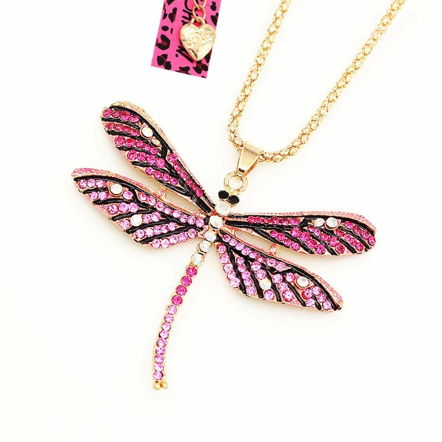 Betsey Johnson Crystal Rhinestone Cute Dragonfly Pendant Sweater Chain Necklace