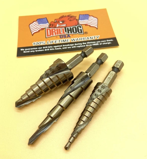 3 Pc Step Drill Bit SPIRAL FLUTE Cobalt M42 UNIBIT Drill Hog Lifetime Warranty 3