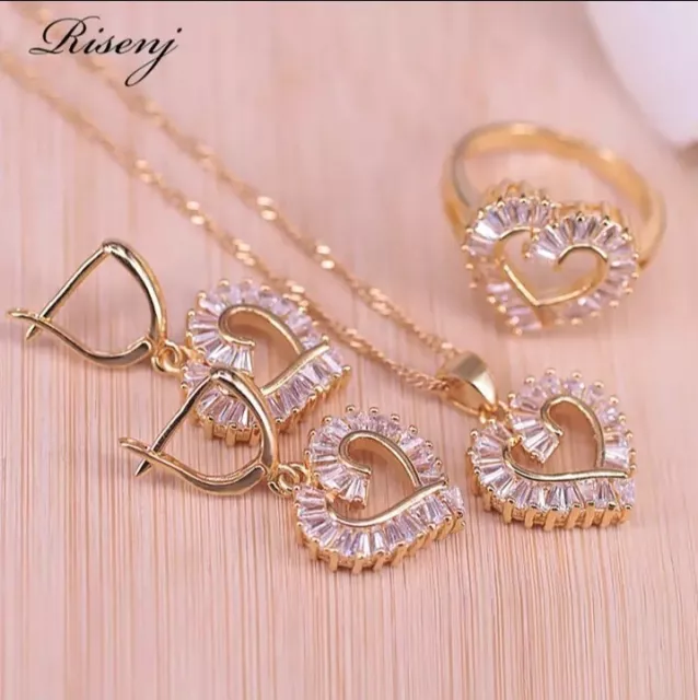 24K Gold Plated Heart Square White Zircon Earrings Necklace Ring Jewelry Set