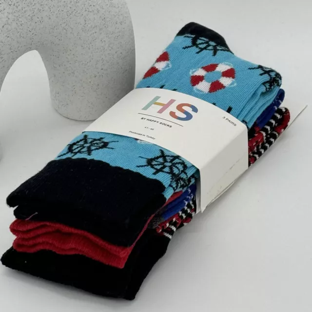 Happy Socks Cotton Mix Marine Design 3 Pairs Fits Mens New Size Eur 41-46