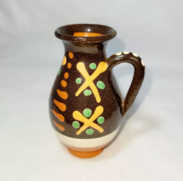 Vintage Small Hungarian Redware Folk Art  Hand-Painted Pottery Pitcher