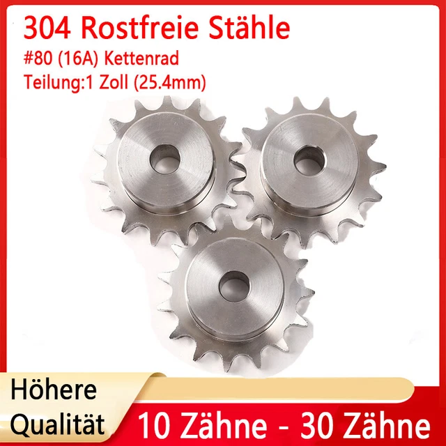 #80 16A Kettenrad 10 - 30 Zähne mit Nabe Kettenräder Pitch 1" Ritzel A2 Stähle