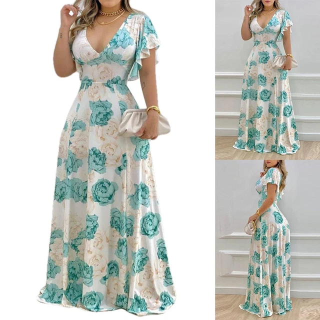 Elegante abito lungo estivo da donna collo a V con stampa foglia di loto e fiori