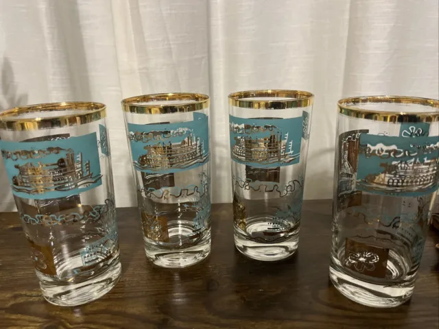 Set of 4 VTG MCM Libbey Steamboat Water Glasses Teal Gold Southern Comfort