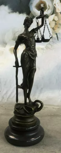 Blind Lady of Justice w/ Scales Sword BRONZE on MARBLE Sculpture Statue Artwork