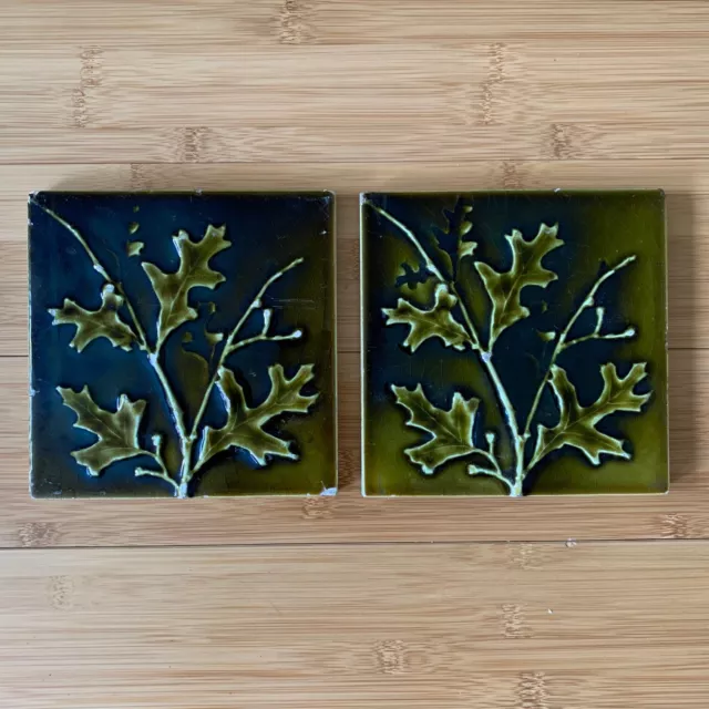 Two Antique TRENT Tile Glazed Ornate Leaf Leaves 6" Art Decorative Green Brown