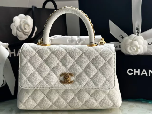 Chanel Light Beige Quilted Caviar Large Coco Top Handle Flap Bag