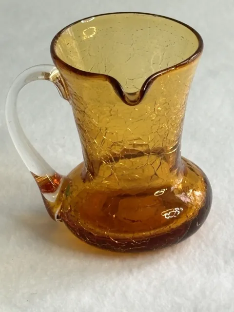 Vintage Pilgrim Hand Blown Amber Crackle Glass Mini Pitcher Creamer 3.25"