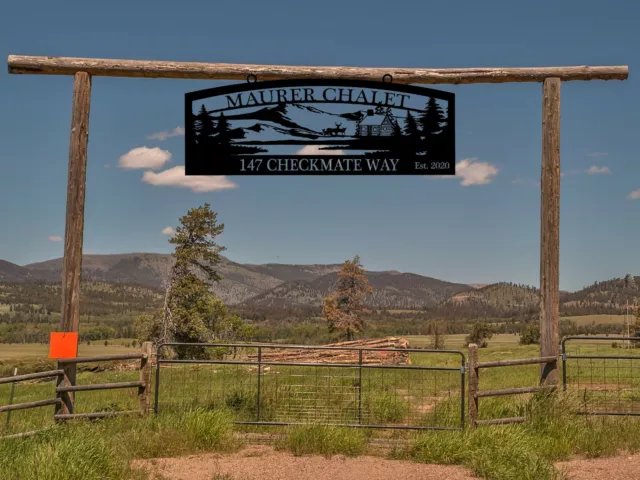 Large Entrance/Gate Farm Sign with Log Cabin, Mountains, Deer, Personalized