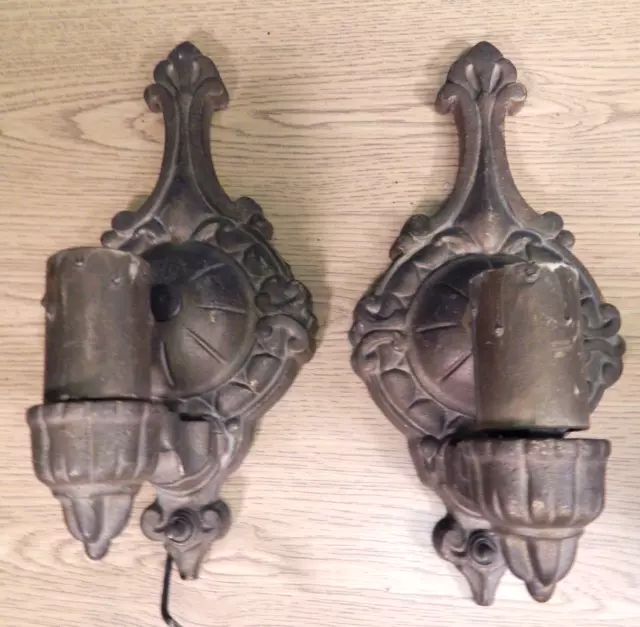 Antique  Pair Of Cast Iron Wall Sconces Painted Gold