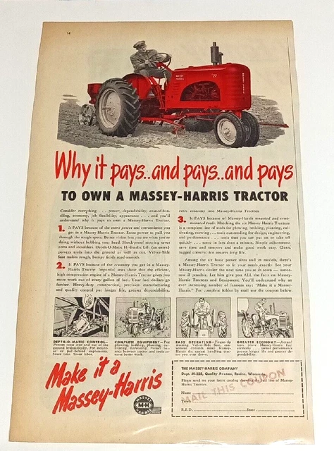 Vintage Massey-Harris Tractor Advertisement "Why it pays..and pays." USA Farming