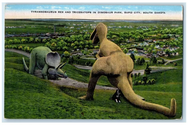 1941 Tyrannosaurus Rex & Triceratops In Dinosaur Park Rapid City SD Postcard