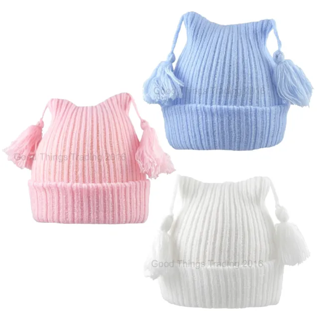 Baby Hat Beanie Cap Boy Girl Winter Knitted With Tassels 0-3 Months, 3-6 Months