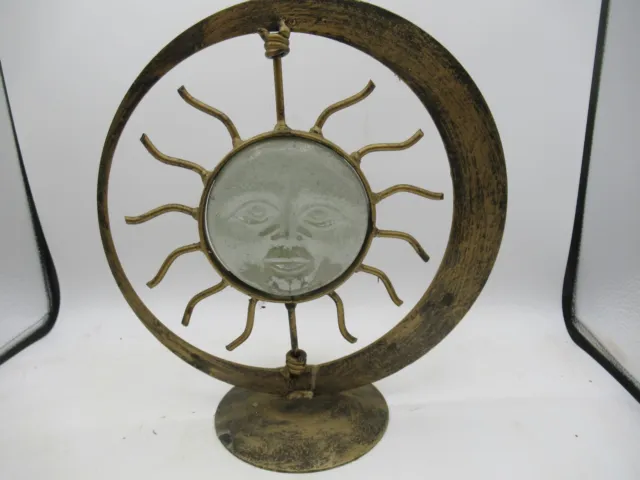 Vintage Celestial Decor Standing Sun Moon Face Clear Glass Metal Candle Holder