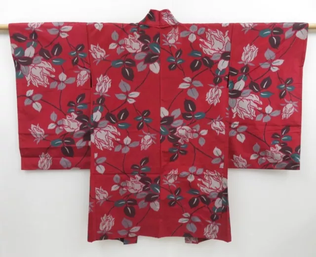 2805T07z490 Vintage Japanese Kimono Silk HAORI Rose Dull red
