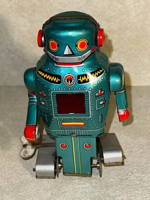 Rare Japan Vntg Horikawa MIGHTY ROBOT TIN Windup Walking Sparking Works