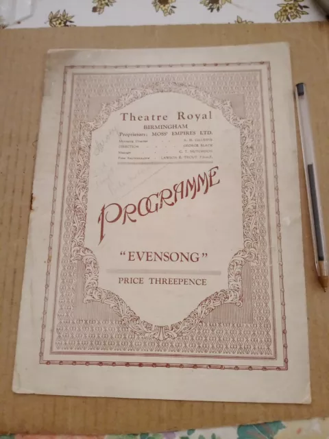 Theatre Royal Birmingham.Programme Evensong 1933 Vintage Card Ad.