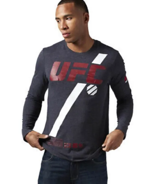 REEBOK HOMBRE UFC Logo Cuello Redondo Camiseta Manga Larga, Gris