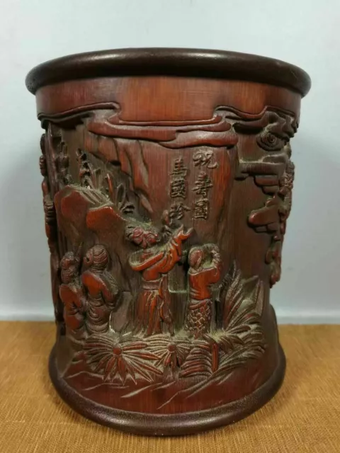 Chinese antiques Natural Bamboo Hand carved Exquisite Figure Brush Pot 101120