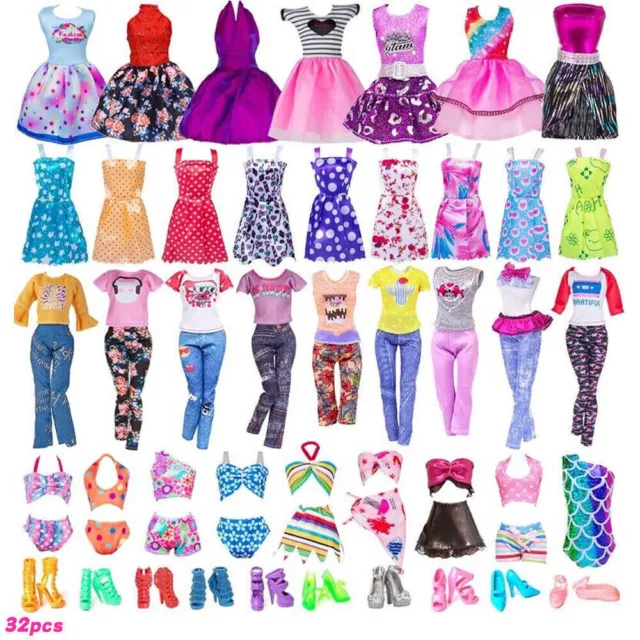 32 Pcs Barbie Doll Clothes Accessories Bundle Dresses Shoes Set Lot Girls Toy ~