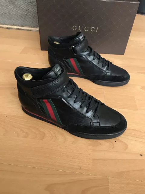 gucci black Leather mens High Top Lace Up Web Trainers uk 8.5, Made In  in Italy