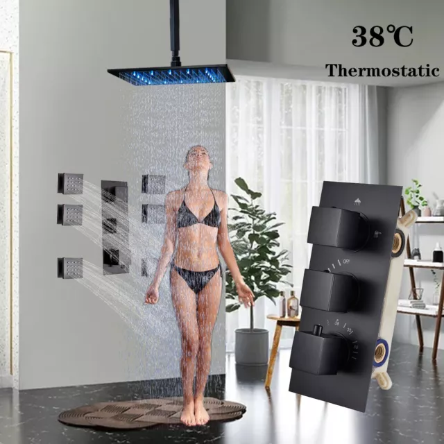 Luxury Black Thermostatic 16" Rain LED Shower Head Combo Set Massage System Jets