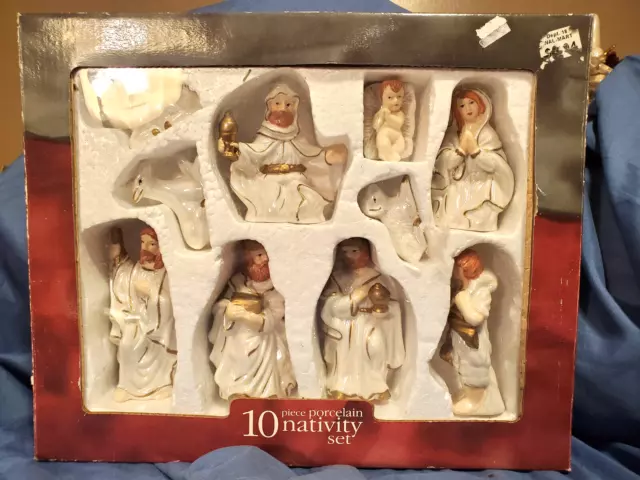 Holiday Time 10 piece Porcelain Nativity Set - White w/ Gold Trim & Accents