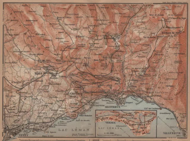 MONTREAUX AREA. Vevey Villneuve. Topo-map. Switzerland Suisse Schweiz 1905