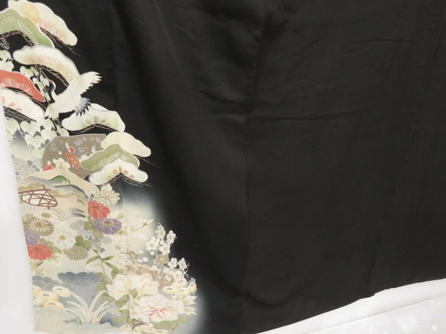 0907T04z530 Vintage Japanese Kimono Silk TOMESODE Black Flowers 2