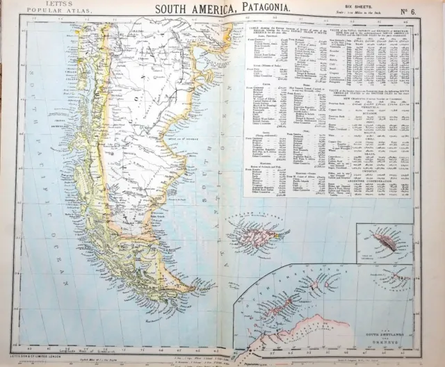 1882 Letts Map South America Patagonia Falkland Isle Of Georgia South Shetlands